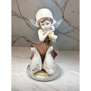 Porcelain Figurine Gypsy Looking Lady Feeding Geese w/Basket 8'' Vintage